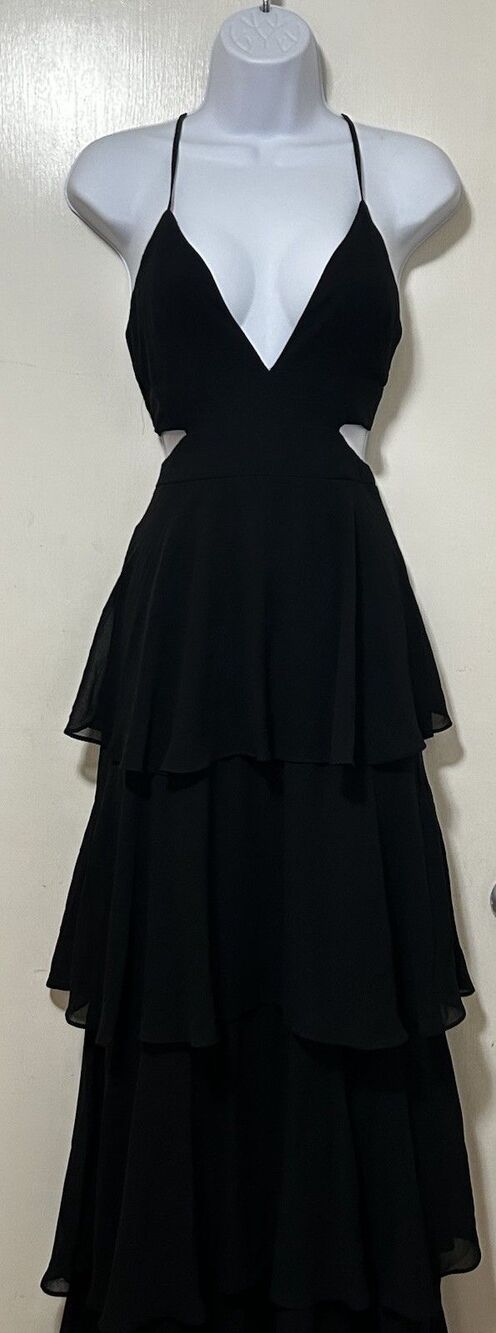 Tier and Now Black Tie-Back Tiered Maxi Dress size S Lulus